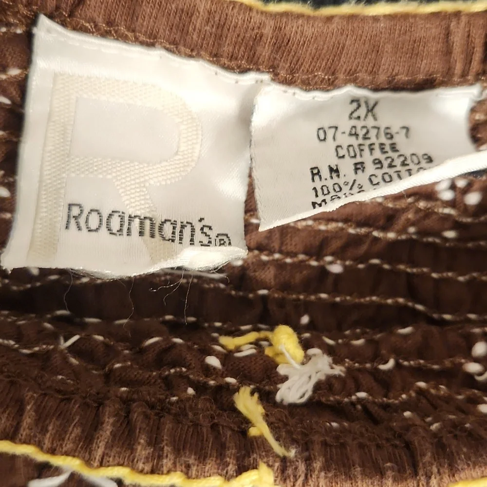Roaman's Brown Jersey Cotton Smocked Bodice & Embroidered Long Sleeve Top  2X